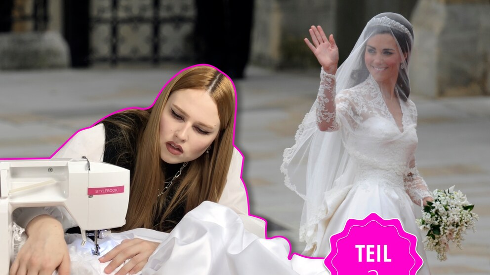 Frau an der Nähmaschine neben Kates Brautkleid
