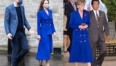 Links Kate bei ihrem jüngsten Auftritt in Schottland, rechts Lady Diana 1992 in Südkorea – zwei Royal-Ladys, ein nahezu identisches Outfit!