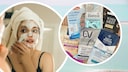 Collage von Totes-Meer-Masken aus der Drogerie und Frau, die sich eine Gesichtsmaske aufträgt