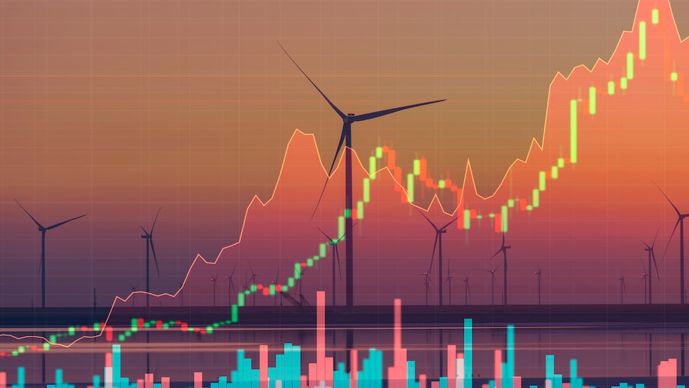 Windrad mit Börsen-Analyse im Vordergrund