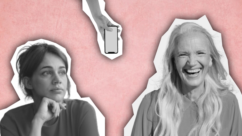 Collage: zwei Frauen auf rosa Hintergrund