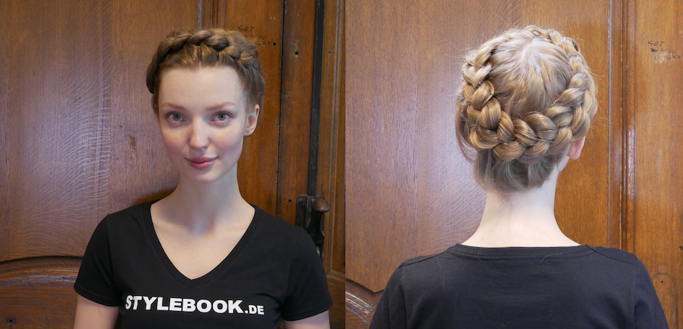 Frau mit Crown Braid von vorne und hinten