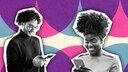 Collage: Frau und Mann schauen auf ihr Handy