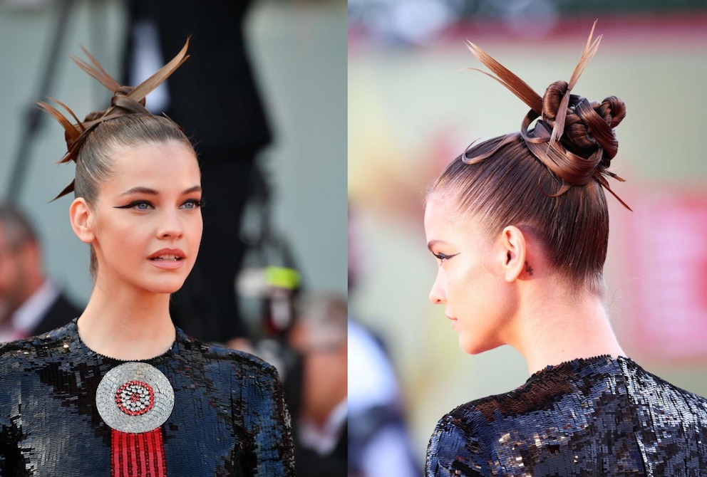 Model Barbara Palvin mit futuristischer, asiatisch angehauchter Frisur und spitzem Eyeliner in tiefem Schwarz