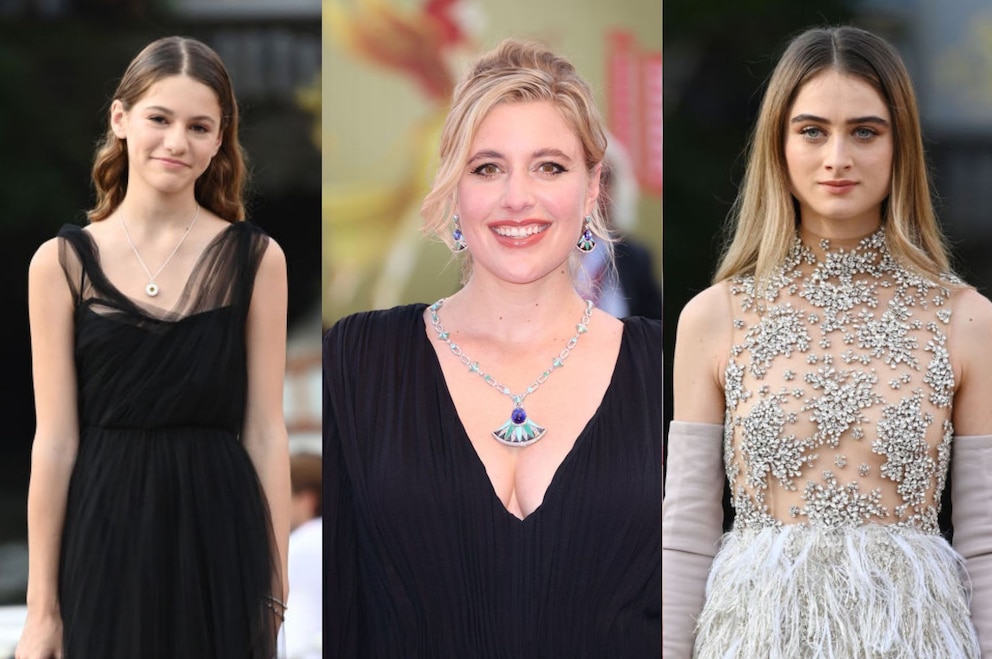 Die Schauspielerinnen May Nivola, Greta Gerwig und Raffey Cassidy treten im natürlichen Make-up-Look bei der Premiere ihres Filmes auf.