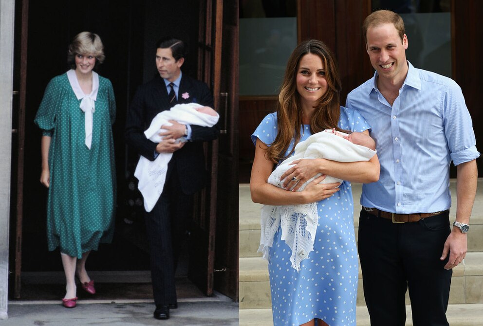 Links Prinzessin Diana mit Charles nach der Geburt von Prinz William im grünen Polka-Dot-Kleid. Rechts Prinzessin Kate mit William kurz nach der Geburt von Prinz George im babyblauen Polka-Dot-Kleid