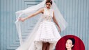 Frau im Vokuhila-Brautkleid mit Schleier, Rüschen und Glitzer und Carmens Gesicht im Rund