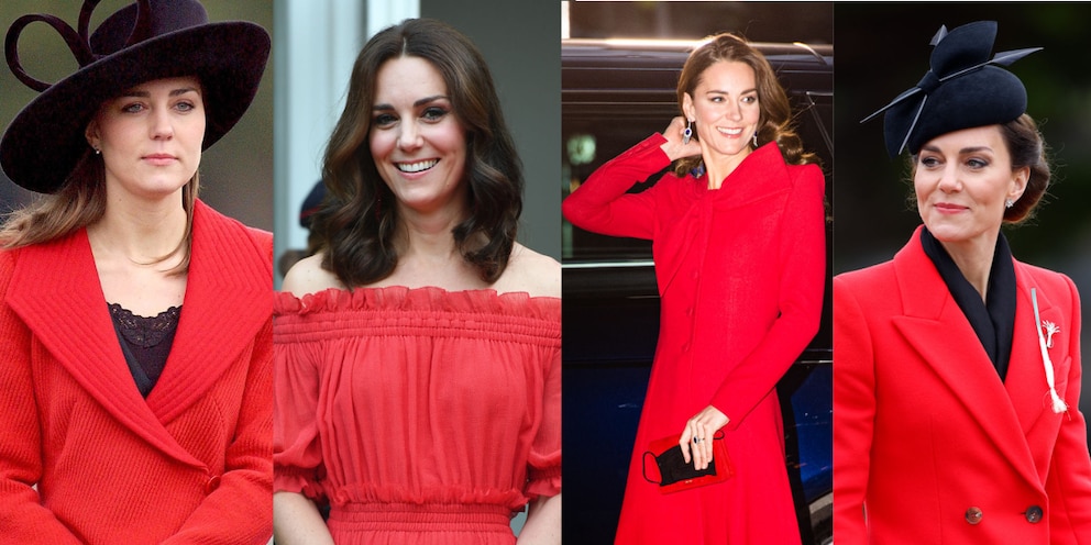 Kate in vier roten Outfits über die Jahre