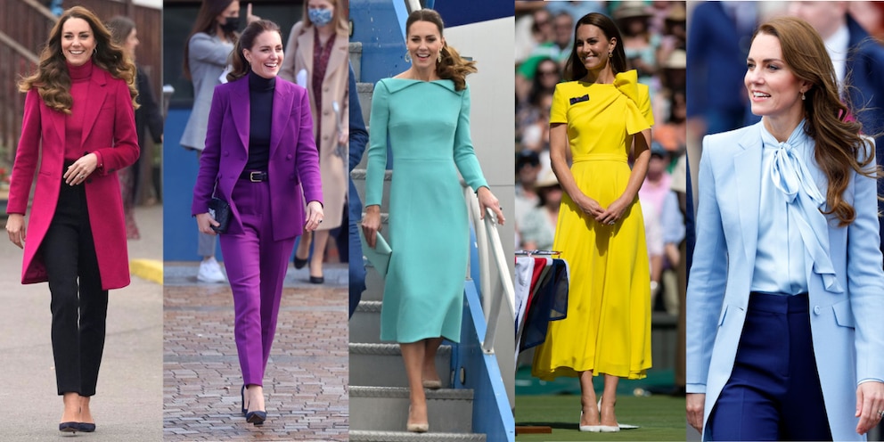 Collage von Prinzessin Kate in bunten Outfits