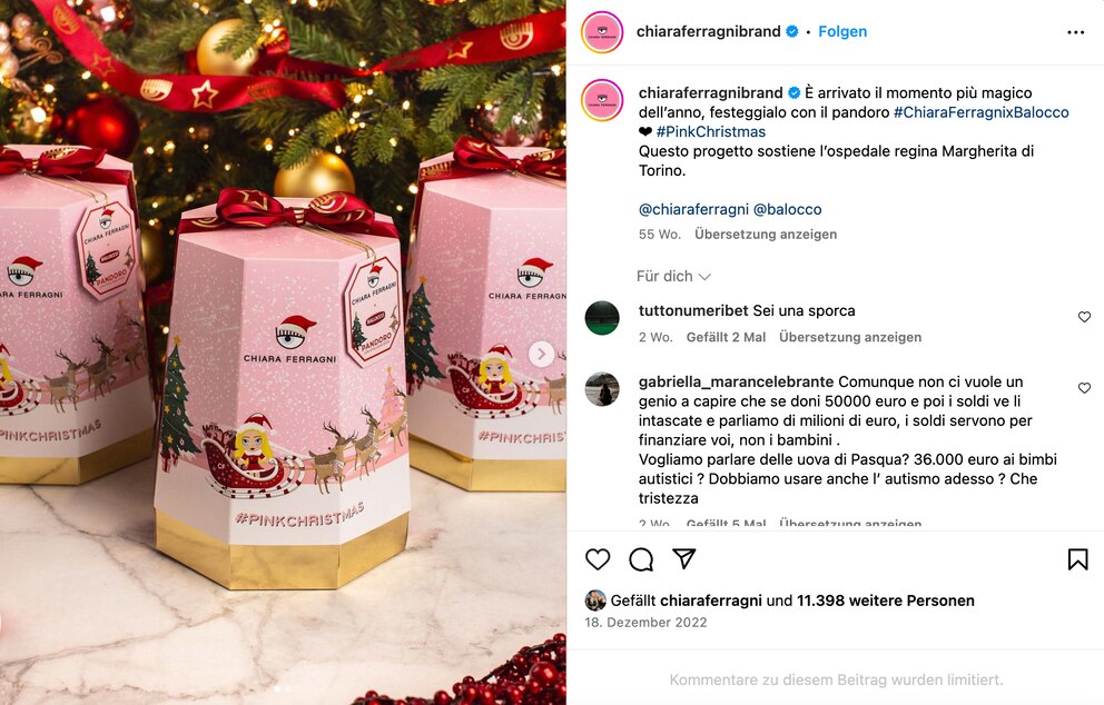 Ein Screenshot vom Instagram-Account von Chiara Ferragnis Business-Account zeigt den „Pink Christmas“-Cake, der der Influencerin nun große Probleme einbringen könnte