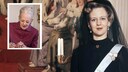Collage mit Foto der jungen Königin als Hintergrund. Darauf ein kleines Foto von der Abdankung von Königin Margrethe