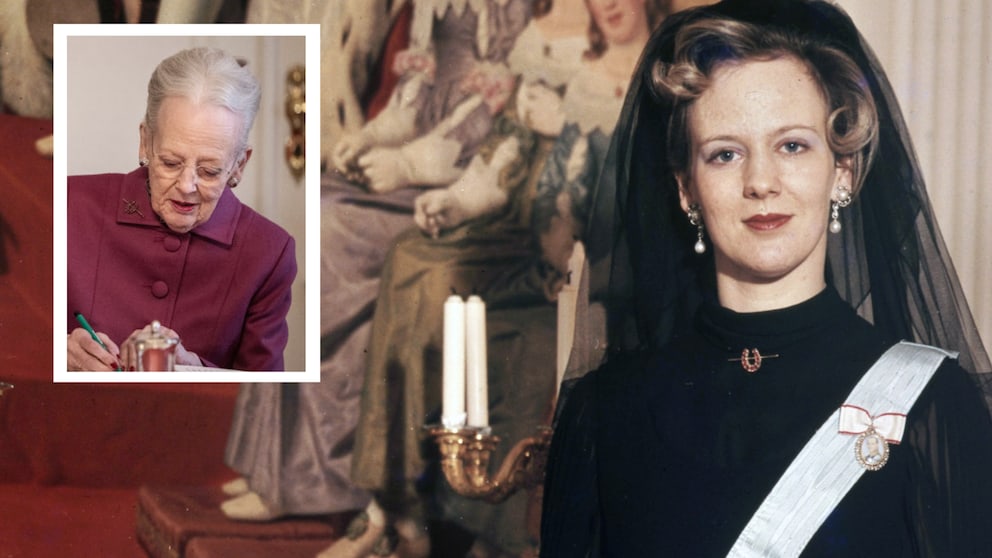 Collage mit Foto der jungen Königin als Hintergrund. Darauf ein kleines Foto von der Abdankung von Königin Margrethe