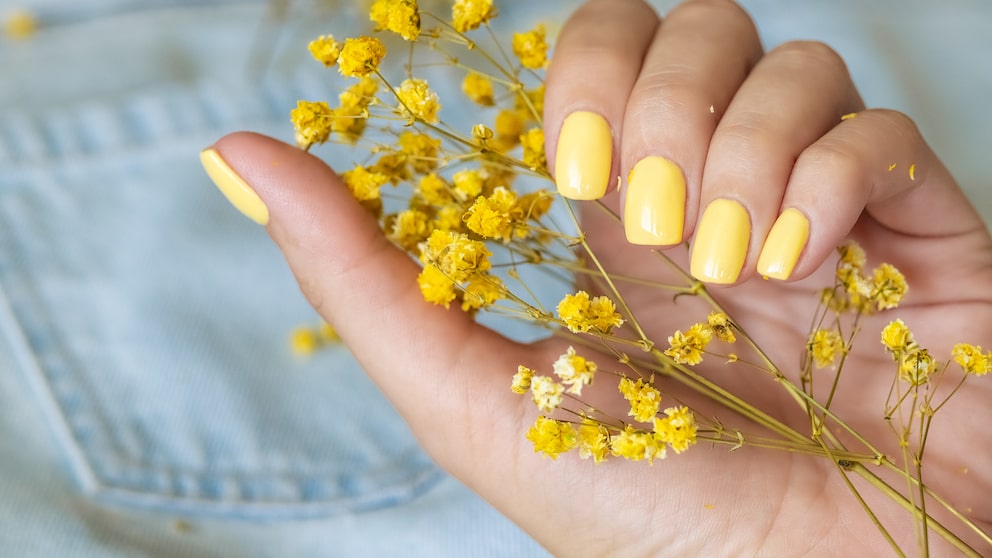 Gelb lackierte Fingernägel, die ein gelbes Gewächs (wenn Sie wissen wollen, welches, gucken Sie mal bei myHOMEBOOK, ich weiß es leider nicht) halten vor Jeanshintergrund