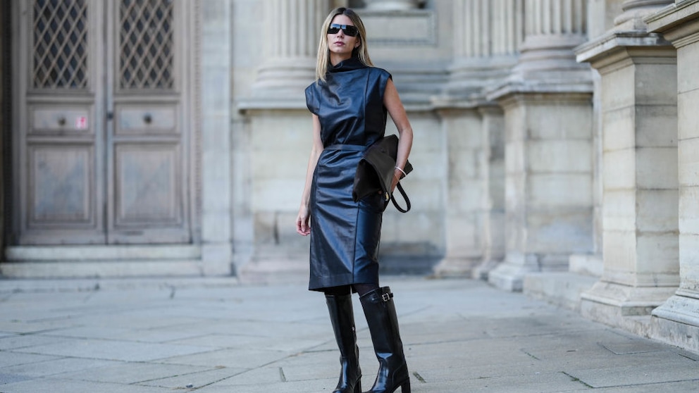 Kleid zu Stiefeln Leder Streetstyle