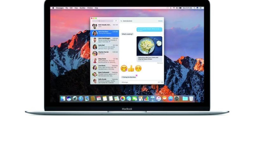 MacOS Sierra kommt mit überarbeiteter Nachrichten-App. Sie wurde an die Funktionen von iOS 10 angepasst und bietet nun neue Emojis, Reaktionen und Link-Vorschauen. Foto: Apple Inc.