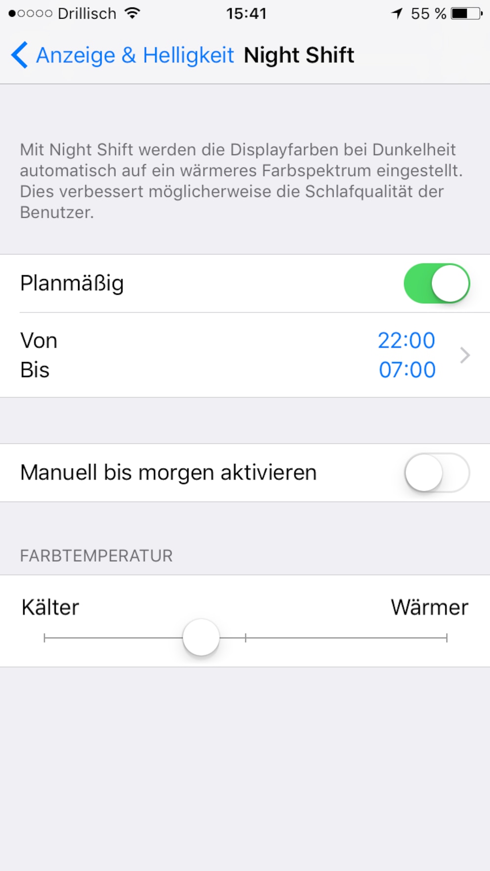  Den Night-Shift-Modus können Sie bei iPhones und iPads mit dem Betriebssystem iOS 9 und höher unter Einstellungen / Anzeige &amp; Helligkeit aktivieren und konfigurieren.<br>Foto: Techbook