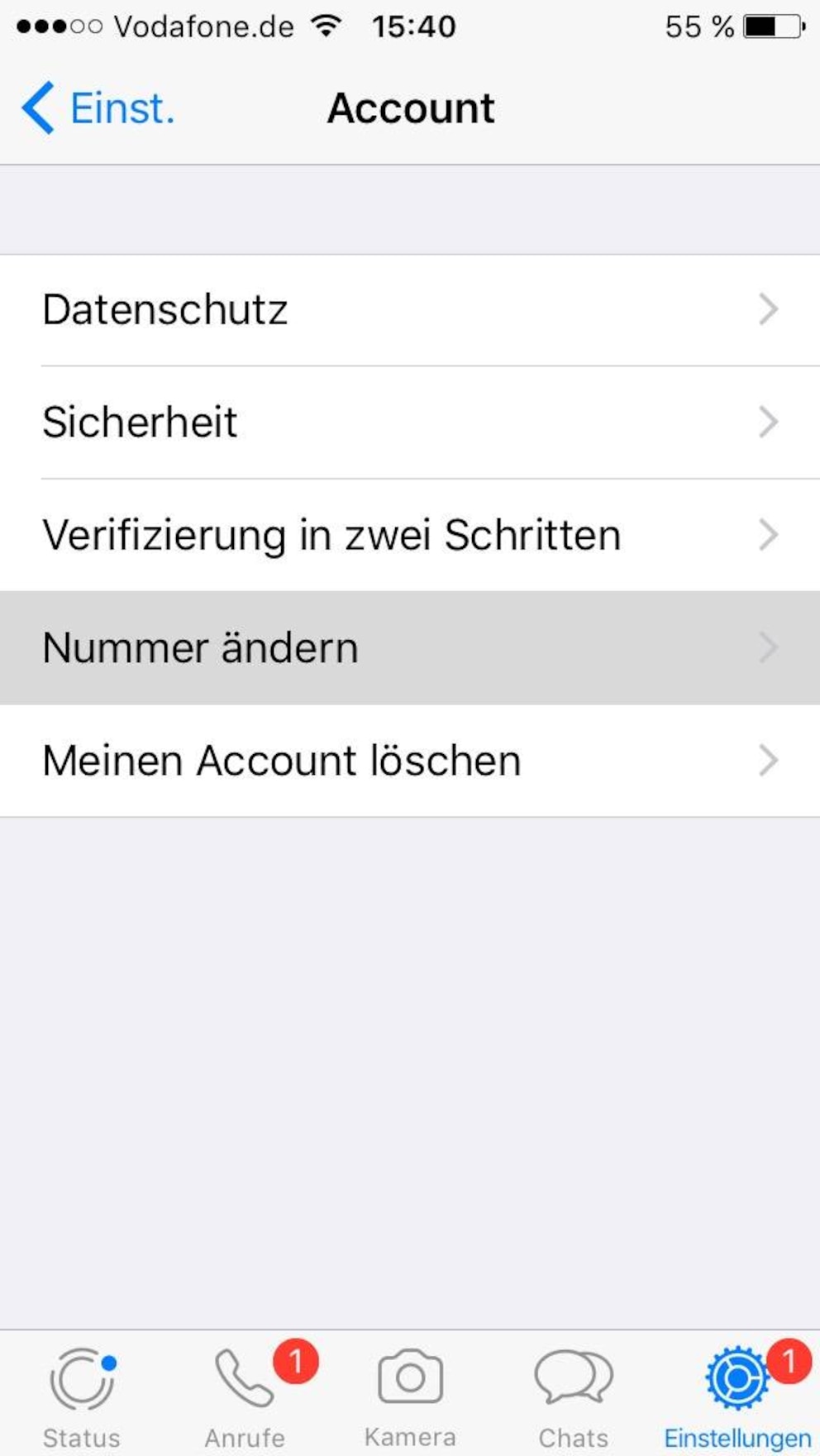 Screenshot WhatsApp unter Account Nummer ändern