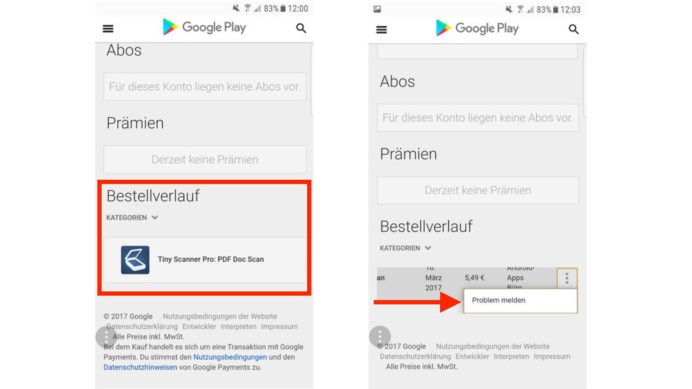 Screenshots des Google-Webseite zur Rückgabe von Apps