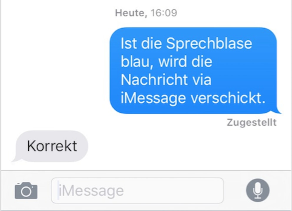 Ist die Sprechblase blau, wird die Nachricht via iMessage verschickt.