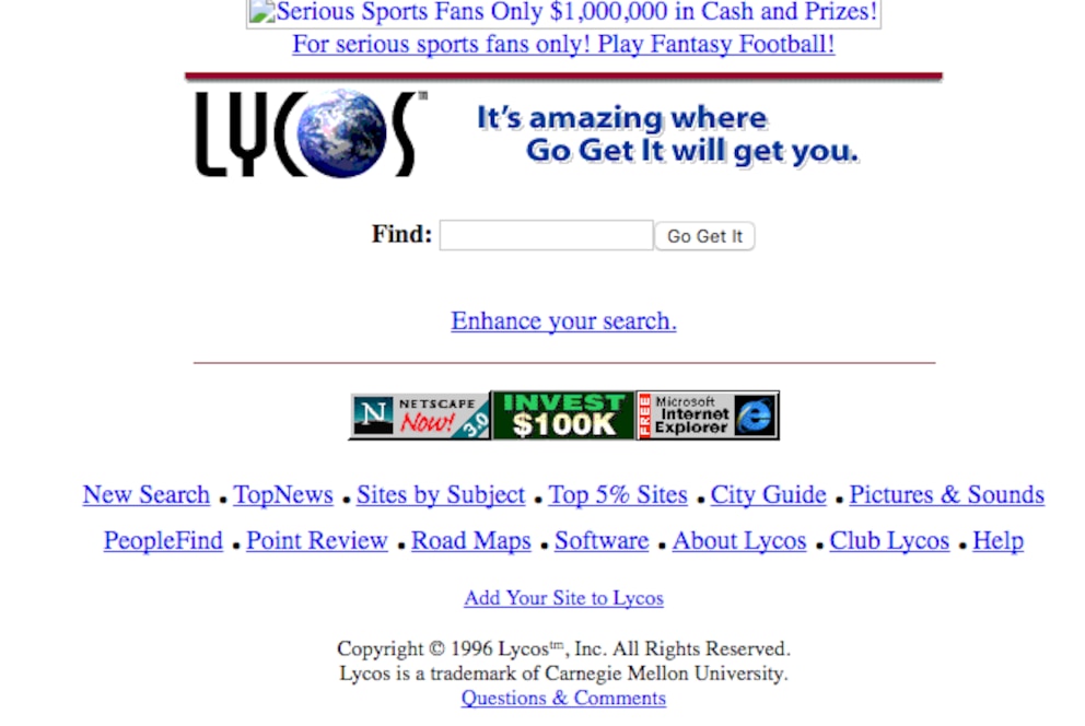 Lycos zählte zu einen der ersten Suchmaschinen im Netz.