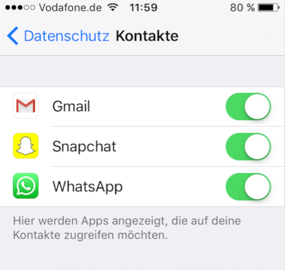 Unter dem Menüpunkt Datenschutz können iPhone-Nutzer WhatsApp die Berechtigung erteilen, auf die Kontakte auf dem Telefon zugreifen zu können.