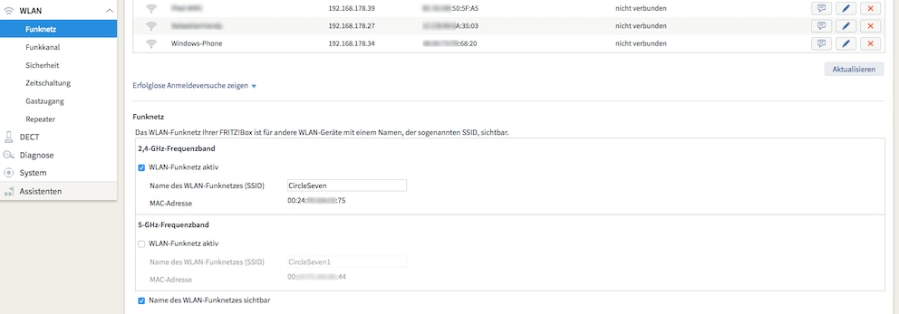  Im Untermenü WLAN / Funknetz können Sie mit einem Klick das Frequenzband um 5 GHz der Fritzbox deaktivieren. Nur Speichern nicht vergessen! Foto: TECHBOOK