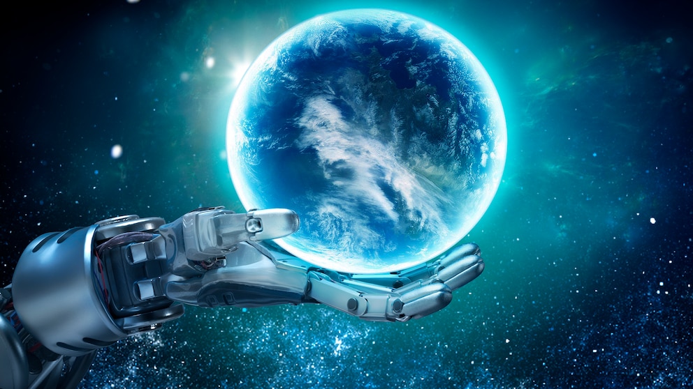 Roboterhand hält Weltkugel