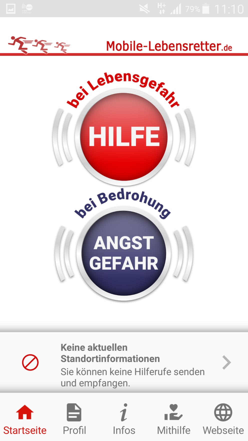 Screenshot: Hauptmenü Mobile Lebensretter-App