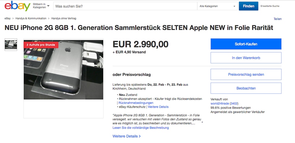 Für Preise zwischen 1000 und 3000 Euro wird das erste iPhone auf Portalen wie Ebay angeboten.