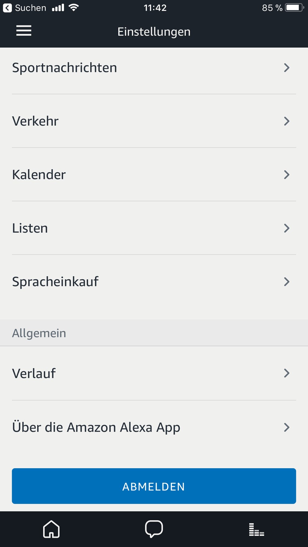 Auswahlmöglichkeiten in den Einstellungen der Alexa-App