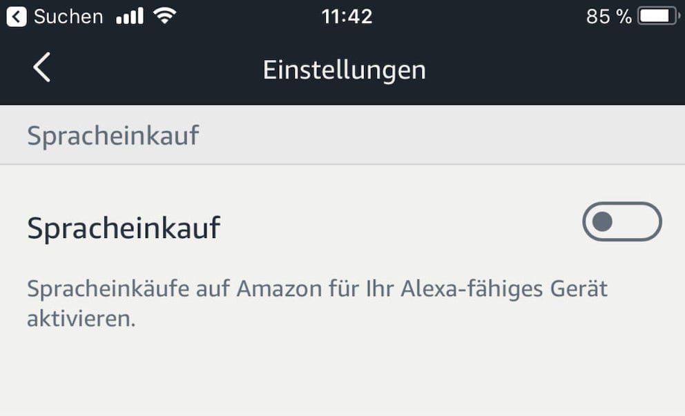 Spracheinkauf-Reiter in den Einstellungen der Alexa-App steht auf deaktiviert.