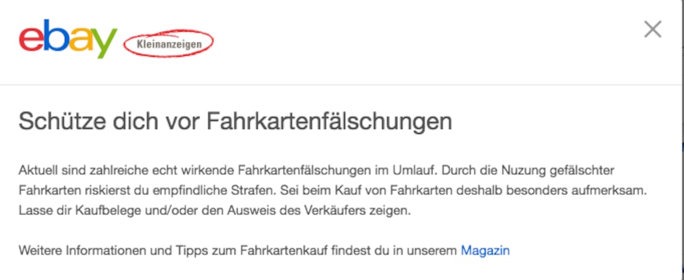 Schütze dich vor Fahrkartenfälschungen Ebay Kleinanzeigen Warnung