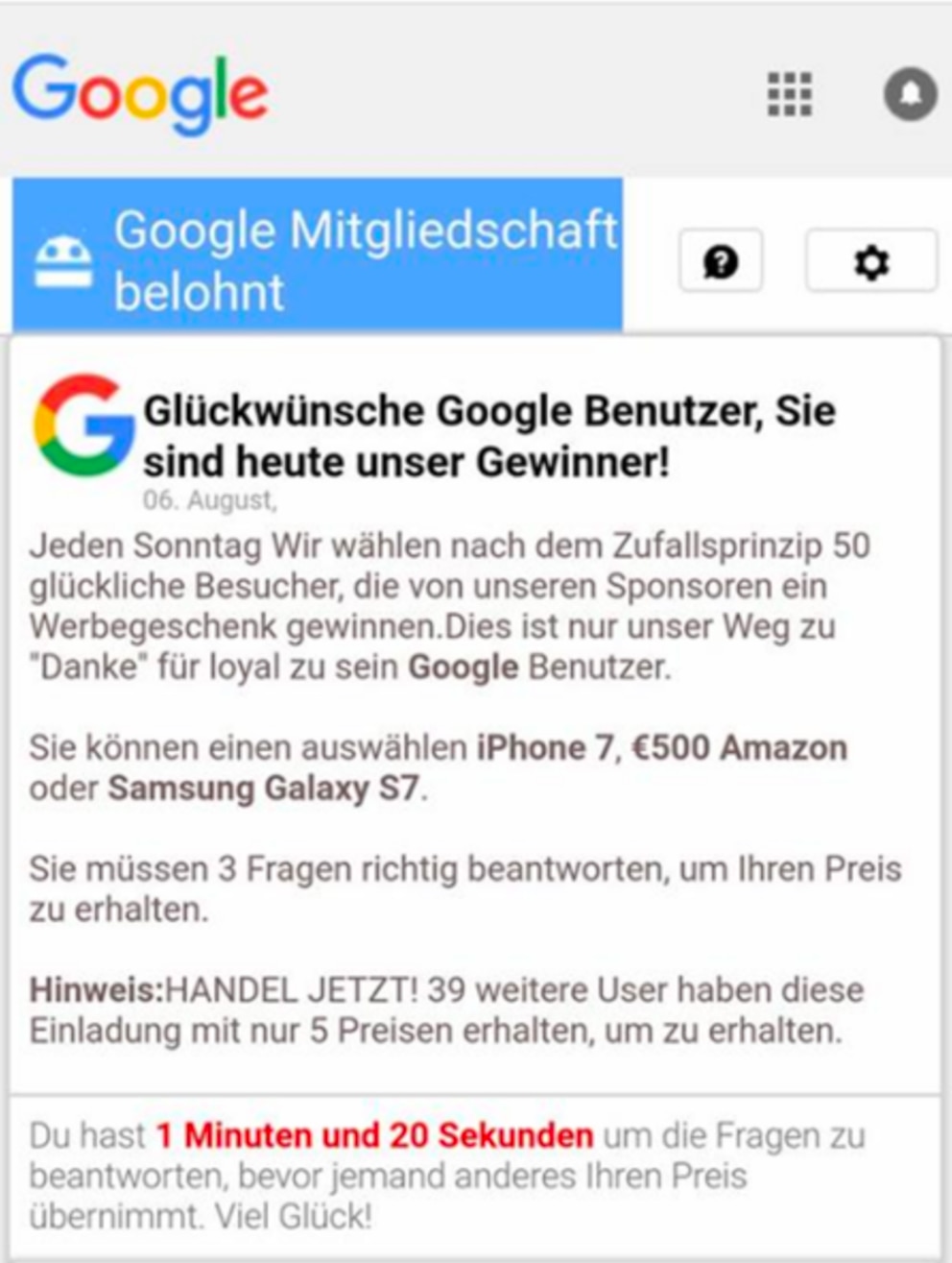 Immer wieder öffnen sich Gewinnspiel-Benachrichtigungen wie diese