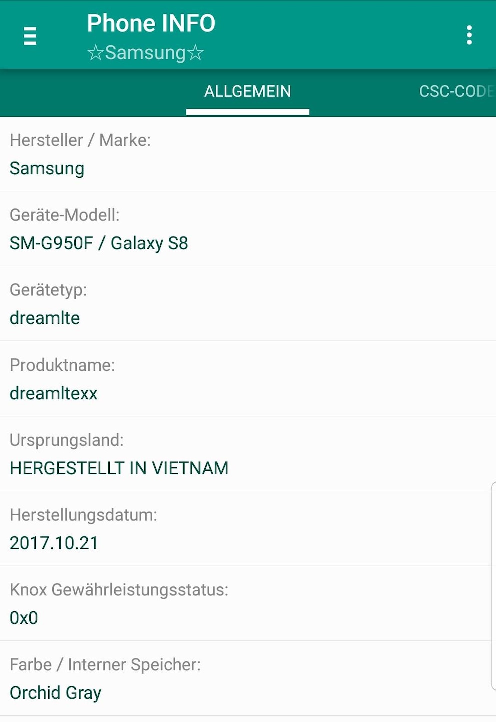 Herstellungsort und Produktionsdatum eines Samsung Galaxy