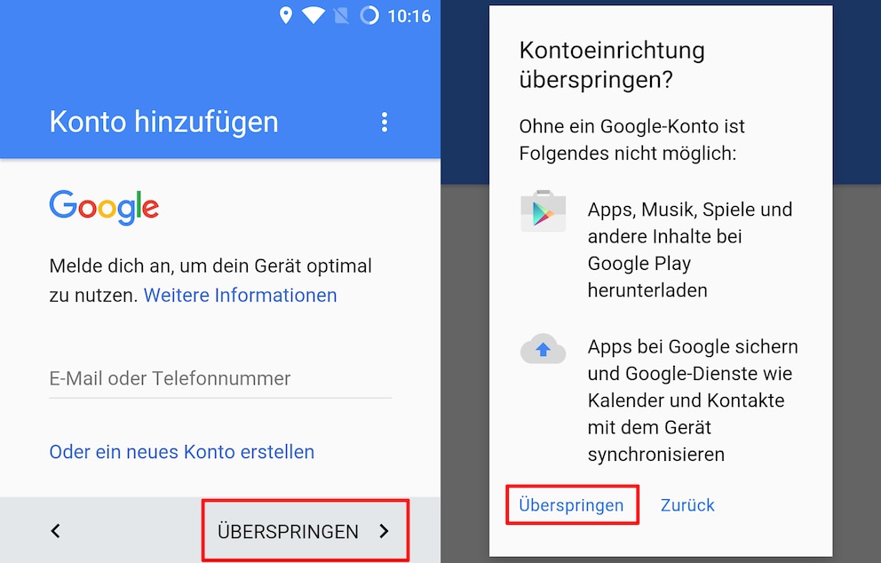  Wenn Google nach Ihren Daten fragt, einfach „Überspringen“ drücken<br>Foto: TECHBOOK