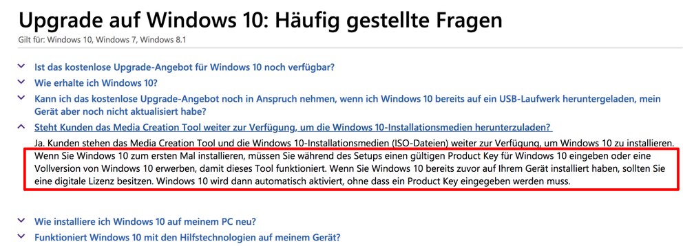 Ausschnitt aus den Windows 10 Upgrade FAQs