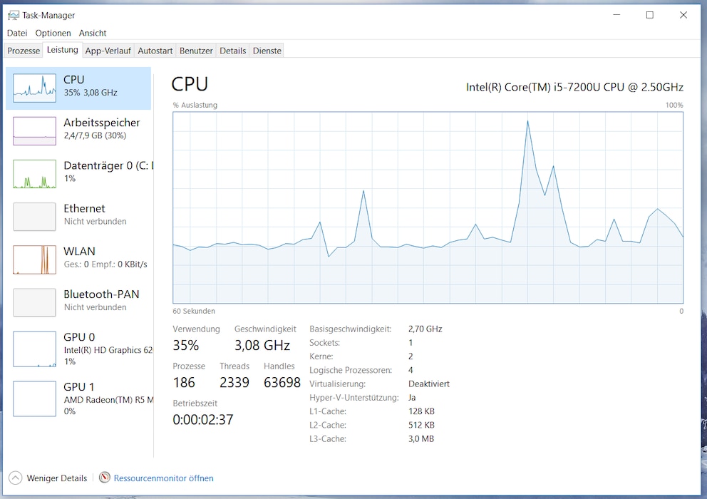 PC-Leistungsdaten im Task Manager von Windows