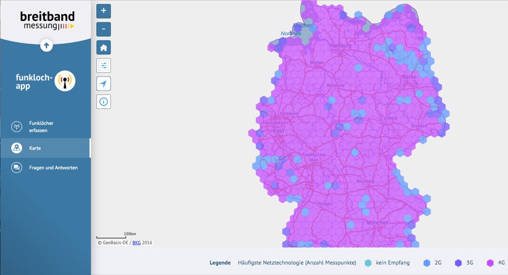 Deutschlandkarte von der Bundesnetzagentur über Funklöcher in Deutschland