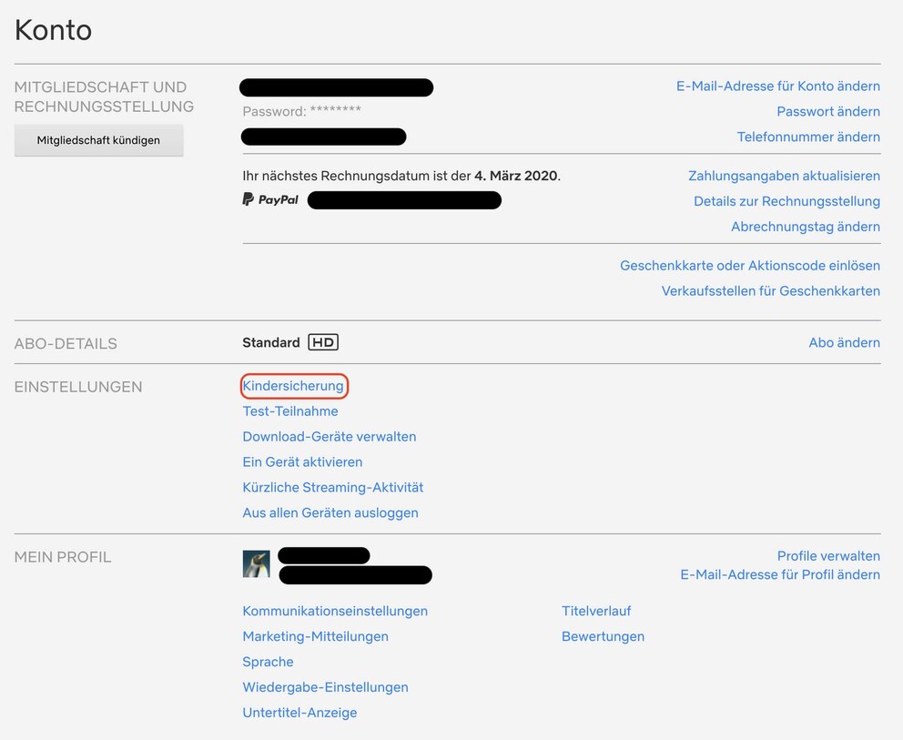 Bildschirmfoto Netflix kindersicher Konto