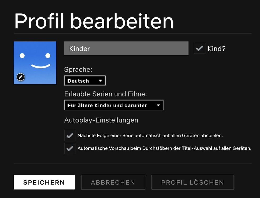 Bildschirmfoto Netflix kindersicher: Profil bearbeiten