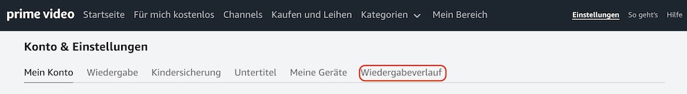 Screenshot Amazon Prime Video: Wiedergabeverlauf löschen