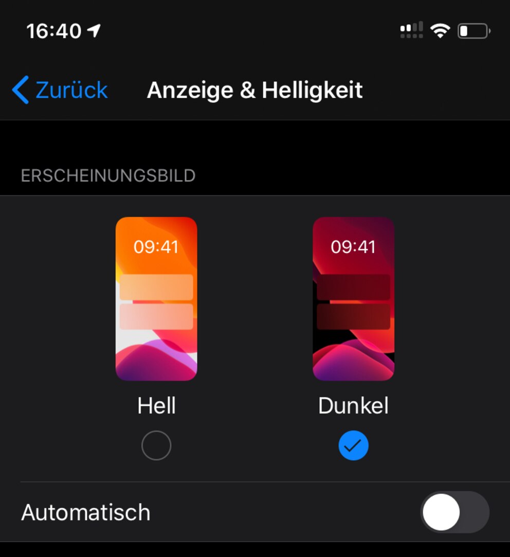 Globale Dark-Mode-Einstellung auf iOS