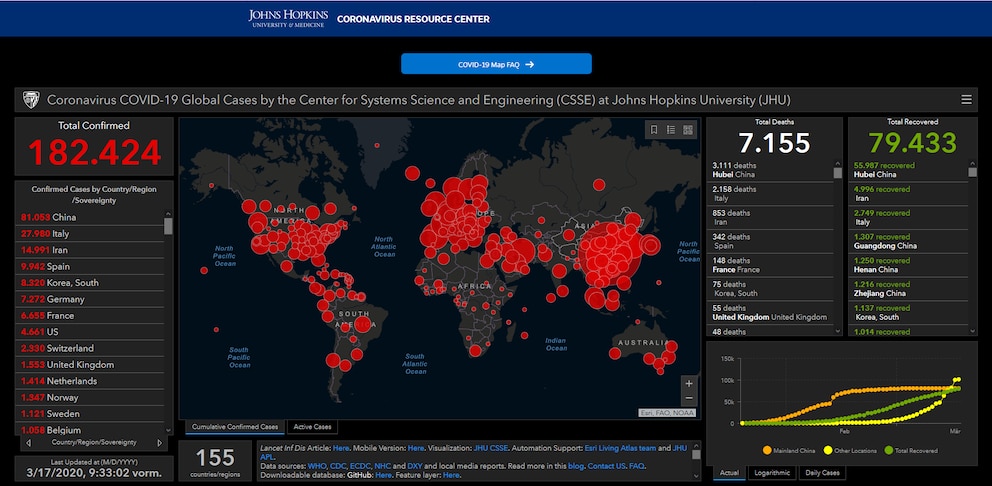 Screenshot der Coronavirus-Karte der Johns Hopkins University