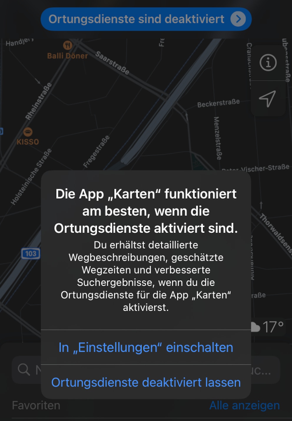 Ortungsdienste deaktiviert in Apple Maps