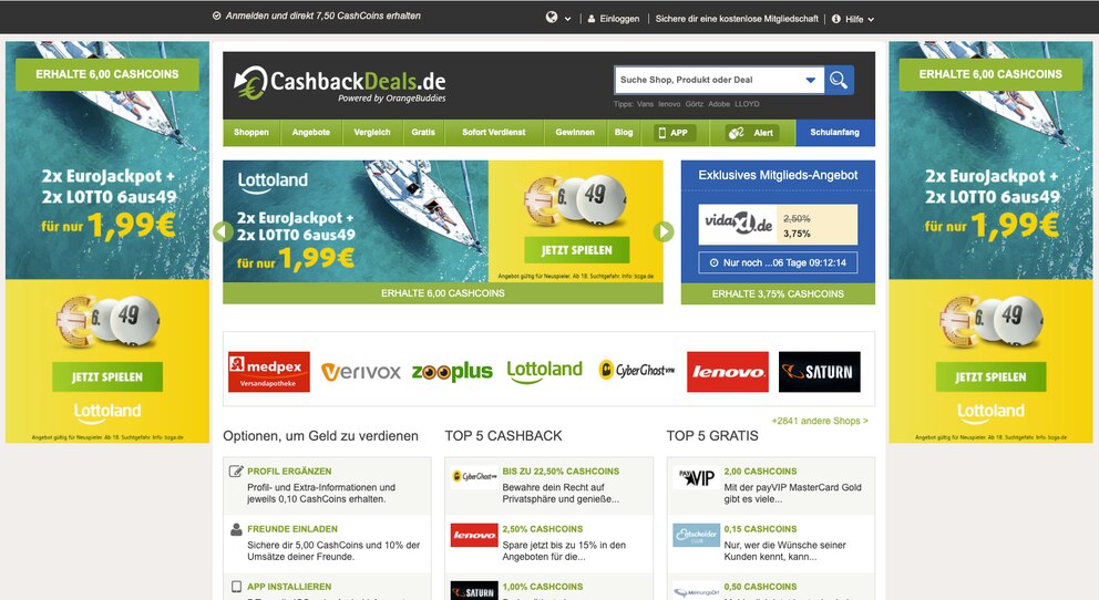 Screenshot Cashbackdeals; Cashback-Portale