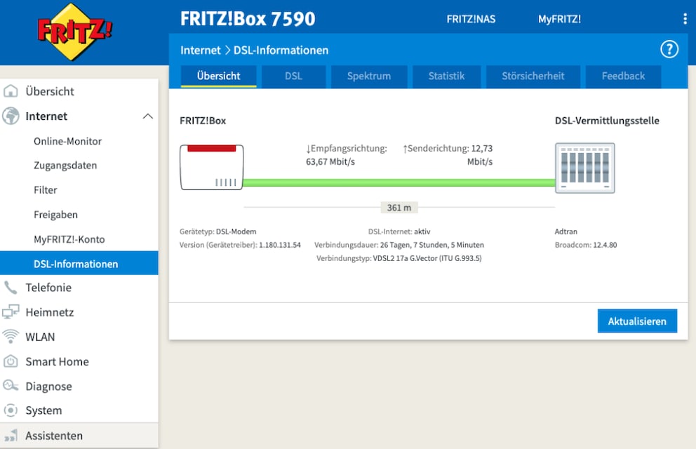 DSL information on the Fritzbox interface