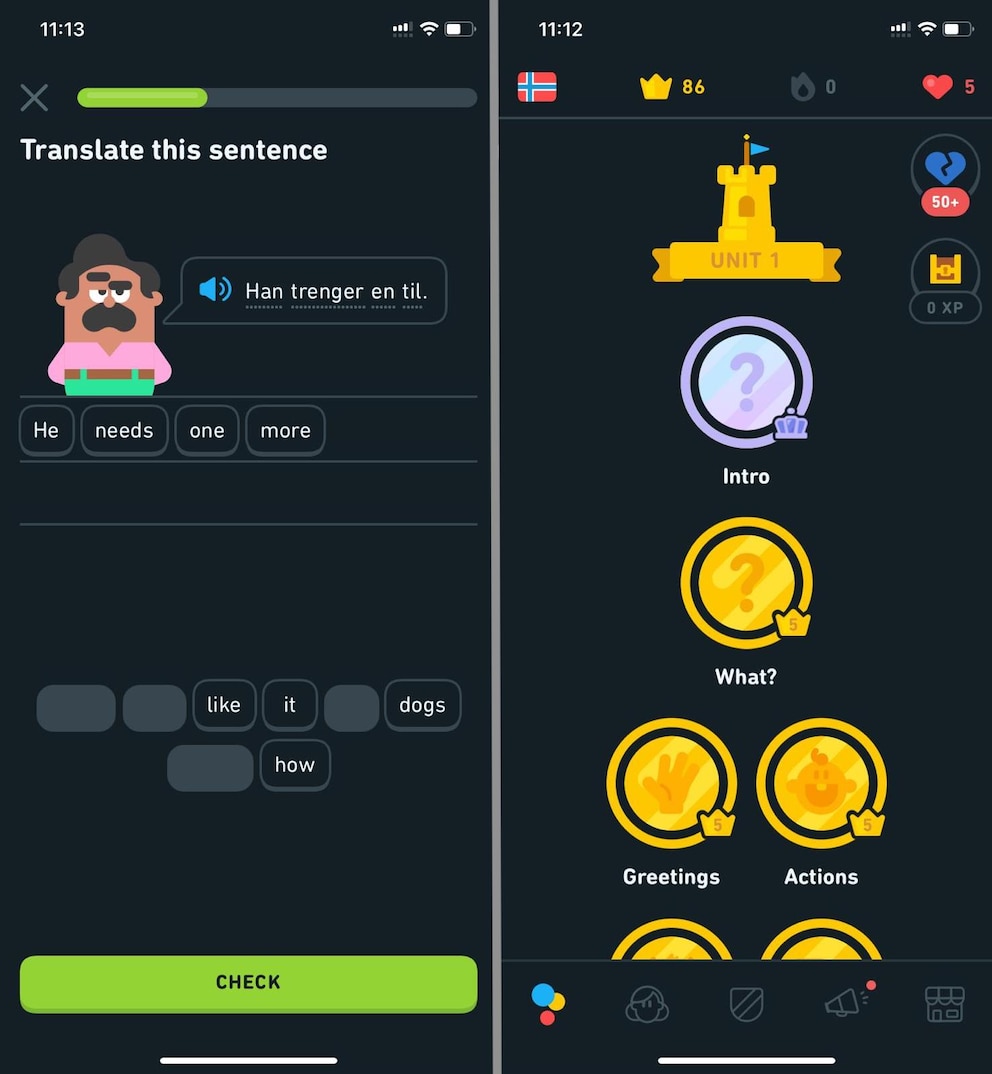 Screenshots Sprache lernen Apps Duolingo