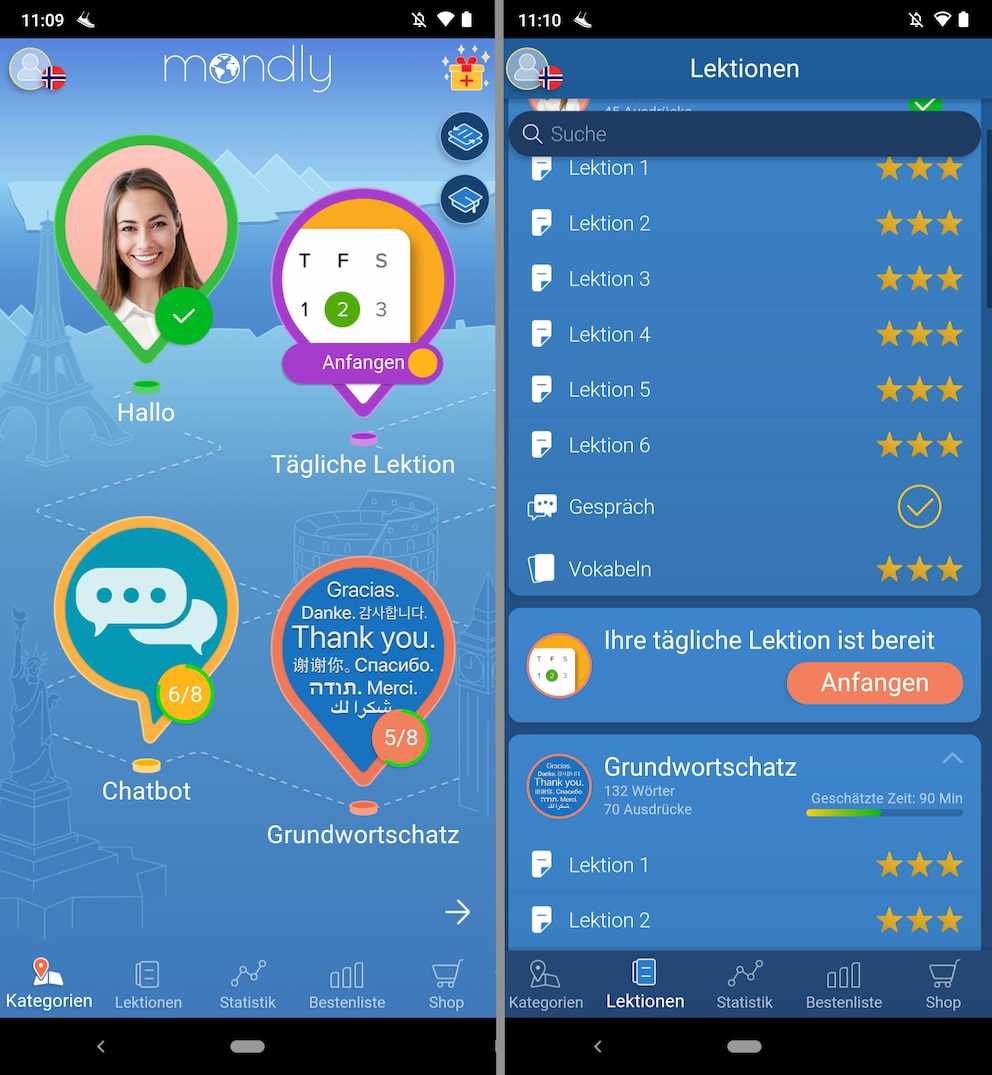 Screenshots Sprache lernen Apps Mondly