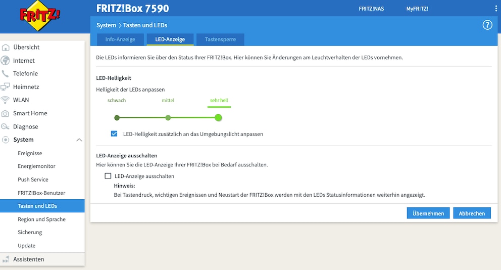 Fritzbox-Oberfläche im Bereich LED