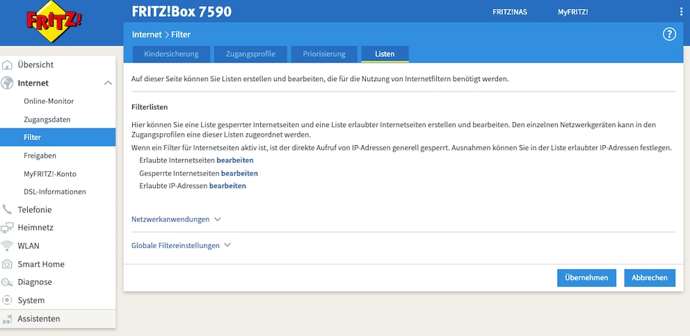 Internetseiten auf der Fritzbox filtern